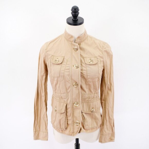 Ann Taylor Loft Canvas Zip + Button Front Pocket Jacket Mock Neck XSP Petite Tan - Picture 1 of 9